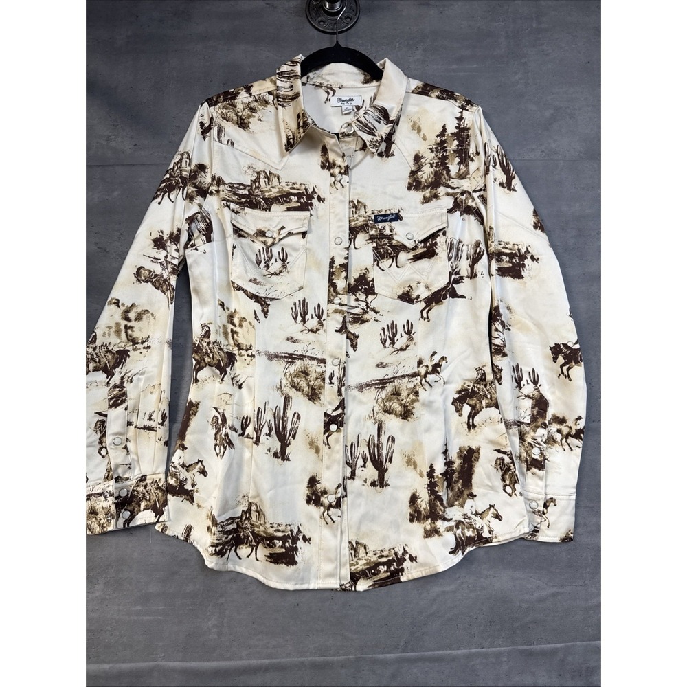 Western Wrangler Retro Women Horse Conversational Print Long Sleeve Pearl Snap M